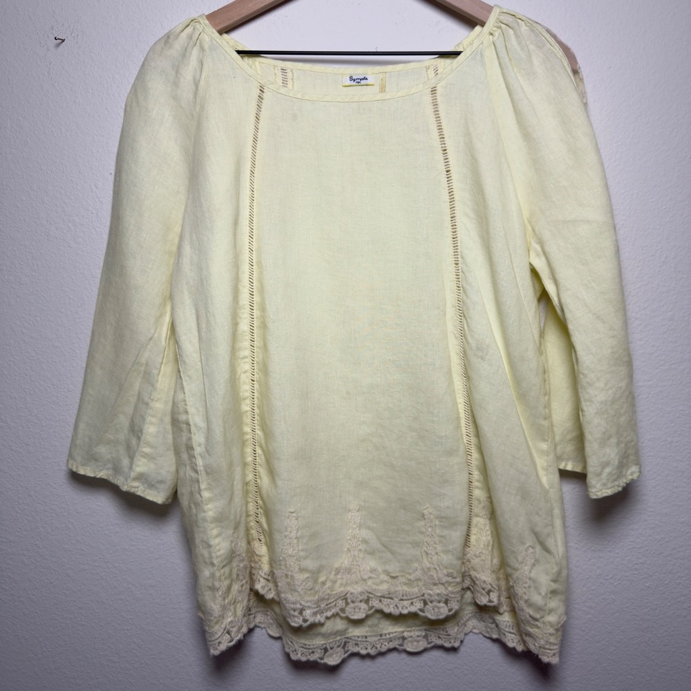 Symple NYC Women 100% Linen Top L Pale Yellow Crochet Lace Trim Boho Peasant